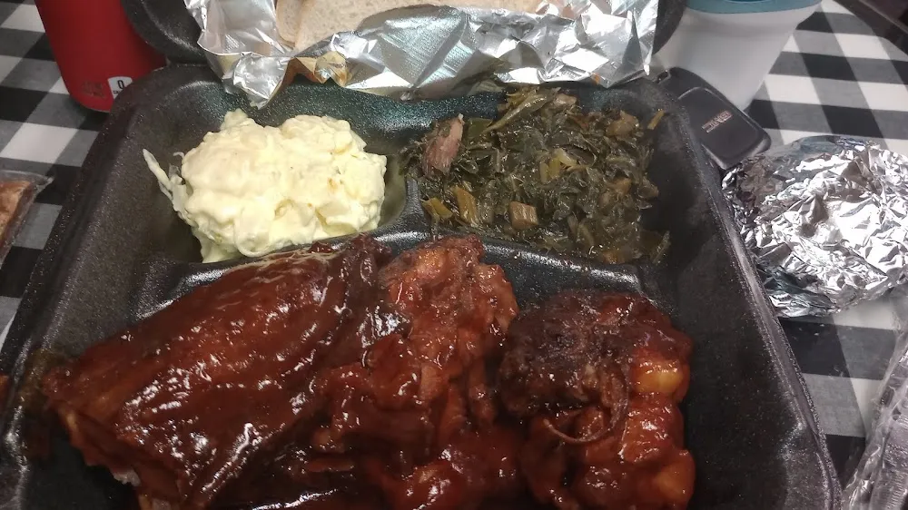 Knuckle Rib Plate with Collard Greens and Potato Salad